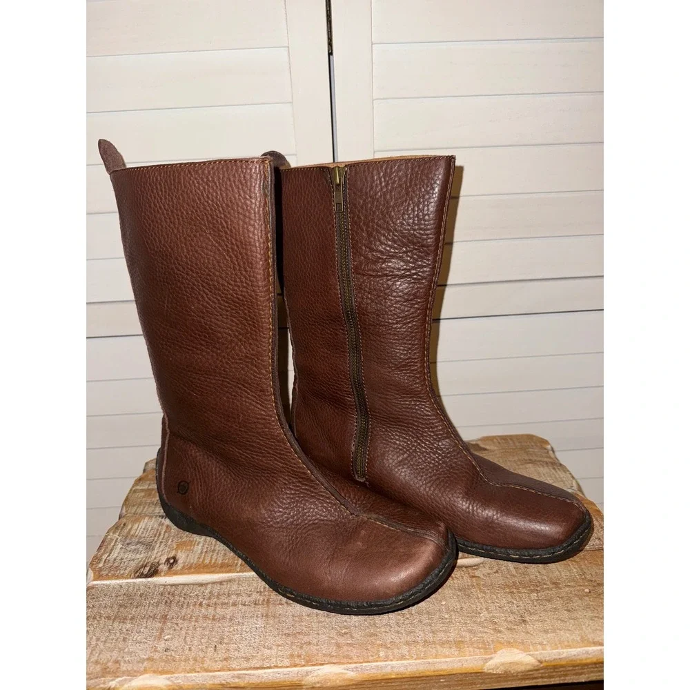 Born Leather Tall Boots Brown Zipper Side Women Casual Comfort Size 7.5 - Picture 2 of 11